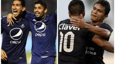El delantero brasileño de Motagua, Israel Silva (cen. izq. junto con Irvin Reyna) es uno de los mejor pagados de Motagua. Su contraparte, Jorge 'Ñangui Cardona' (d), no aparece entre los más remunerados del sorprendente Honduras Progreso.