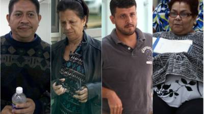 Los exempleados Alberto Portillo, Gloria Yolani Cerros y Erick Ulisis Rojas y la exfuncionaria Ada Esperanza Muñoz ayer en el Palacio Judicial.