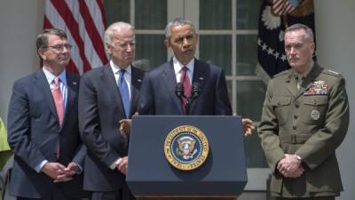 Obama junto al vicepresidente Joe Biden, el secretario de Defensa, Ashton Carter y el nominado jefe de las Fuerzas Armadas de EUA, Joseph Dunfor.