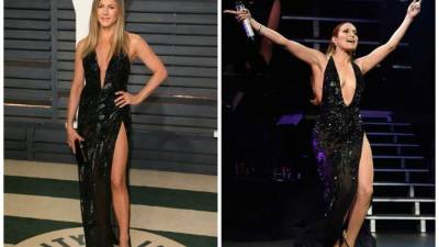 Jennifer Aniston (izq.)en los Óscars/ Jennifer López (der.)durante concierto el pasado agosto.