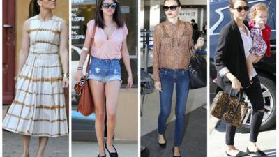 Jlo luce un cómodo vestido con unas zapatillas con detalles florales en tonos nude. Selena Gómez unas zapatillas casuales para unos short y un top informal. Un look para una tarde de domingo. Miranda Kerr Con unos jeans denim y una camisa formal combina sus puntas y luce espectacular. Jessica Alba lleva unas flats más deportivas con unos jeans viejos. El blazer le da un toque elegante a su atuendo.