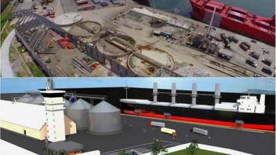 En las imágenes se observa parte de la terminal de graneles de Puerto Cortés y se ve la maqueta digital de cómo esperan que sea al completarse las obras. Imágenes: PMH