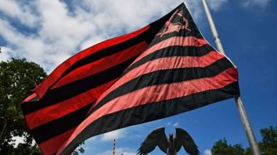 La banderas del Flamengo a media asta en las instalaciones del club en señal de luto. Foto AFP