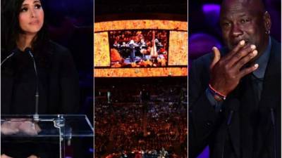 Miles de personas, entre celebridades, familiares, amigos y fanáticos, se congregaron este lunes en el Staples Center, la cancha de Los Angeles Lakers, para rendir tributo a su ídolo Kobe Bryant y su hija de 13 años, fallecidos hace un mes en un accidente aéreo. Fotos EFE y AFP.