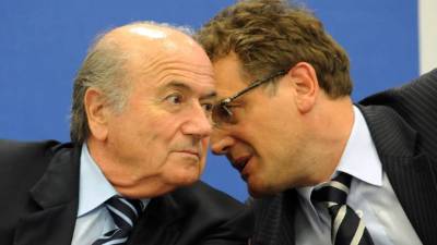 (FILES) This file photo taken on May 31, 2009 shows then FIFA president Joseph Blatter (L) listening to Jerome Valcke, then secretary general of FIFA, during a press conference to announce the host cities for the 2014 FIFA World Cup in Nassau. Former FIFA president Joseph Blatter, and his deputies Jerome Valcke and Markus Kattner 'enriched themselves' with $80 million over the past five years, through contracts and compensations, the FIFA announced on June 3, 2016. / AFP PHOTO / JEWEL SAMAD