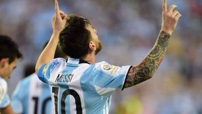 Lionel Messi festejando su gol marcado a Venezuela. Foto AFP