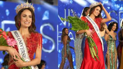 La Miss Universo Cuba, Marianela Ancheta, posa con su corona y cinta durante la ceremonia de selección este jueves, en el Centro de Arte y Entretenimiento Milander en Miami (Estados Unidos).