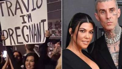Durante el concierto del grupo Blink-182, Kourtney Kardashian levantó un cartel que decía “Travis, estoy embarazada”.