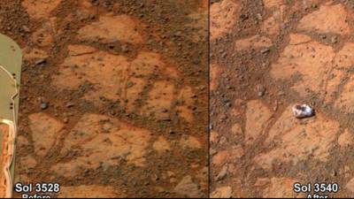 Los científicos de la Nasa investigan la misteriosa aparición en el suelo de Marte de una pequeña roca con forma de rosquilla en una imagen transmitida por el robot marciano Opportunity.