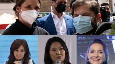 La primera dama de Chile, Irina Karamanos, junto al presidente electo Gabriel Boric, y abajo de izquierda a derecha, a la vicepresidenta de Argentina, Cristina Fernández, a Keiko Fujimori y a la presidente de Honduras, Xiomara Castro.