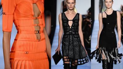 Hervé Leger Los famosos vestidos elásticos, favoritos de las sampedranas, son la esencia de esta colección y tendencia creada por este famoso diseñador. La muestra va desde la rigidez inicial de un corsé que se diluye hasta los flecos al llegar a la falda. La colección llega a los elegantes vestidos que resaltan la silueta e incluso la perfeccionan y la redibujan jugando con los arreglos de pedrería y lentejuelas.
