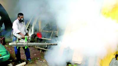 Un empleado de Salud fumiga una vivienda en la zona norte del país.