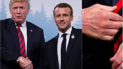 Un inusual saludo entre el presidente de Estados Unidos, Donald Trump, y su homólogo francés, Emmanuel Macron, se viralizón en redes sociales después de que se divulgara una imagen en la que se puede apreciar las marcas de los dedos de Macron en la mano del magnate durante un encuentro en la cumbre del G7 en Canadá.
