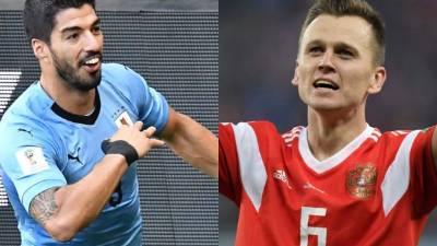 Luis Suárez y Denís Chéryshev, goleadores de Uruguay y Rusia. FOTOS AFP