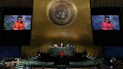 Xiomara Castro durante su discurso en la ONU.