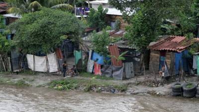 Familias que viven en el bordo detrás del puente de Río Blanco en San Pedro Sula