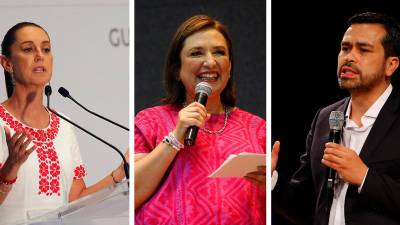 Los candidatos a la presidencia Claudia Sheinbaum (i), la opositora Xóchitl Gálvez (c) y Jorge Álvarez Máynez (d), por el partido Movimiento Ciudadano (MC), tienen una escolta de 24 oficiales.