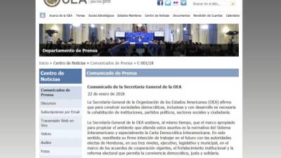 Luis Almagro, secretario general de la OEA, emitió el comunicado donde se comprometen a trabajar con las autoridades de Honduras.