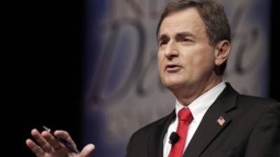 Republican Richard Mourdock, candidate for Indiana's U.S. Senate seat, participates in a debate with Democrat Joe Donnelly and Libertarian Andrew Horning in a debate in New Albany, Ind., Tuesday, Oct. 23, 2012. Mourdock said Tuesday when a woman is impregnated during a rape, 'it's something God intended.' He was asked during the final minutes of the debate whether abortion should be allowed in cases of rape or incest. (AP Photo/Michael Conroy)