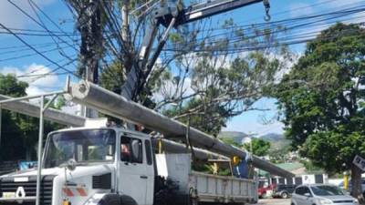 Empleados de la Empresa Nacional de Energía Eléctrica en labores de mantenimiento.