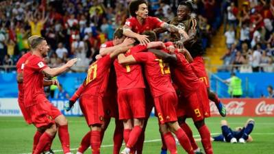 Belgium's players celebrate their third goal during the Russia 2018 World Cup round of 16 football match between Belgium and Japan at the Rostov Arena in Rostov-On-Don on July 2, 2018. / AFP PHOTO / PIERRE-PHILIPPE MARCOU / RESTRICTED TO EDITORIAL USE - NO MOBILE PUSH ALERTS/DOWNLOADS