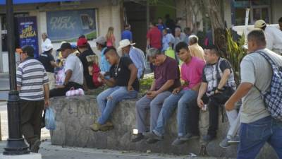 Jóvenes y adultos sentados en el parque central de San Pedro Sula. Foto: Amílcar Izaguirre