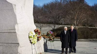 WASHINGTON, DC - JANUARY 21: President Donald Trump and Vice President Mike Pence visit the Martin Luther King Jr. Memorial on January 21, 2019 in Washington, DC. They placed a wreath to commemorate the slain civil rights leader. Pete Marovich/Getty Images/AFP