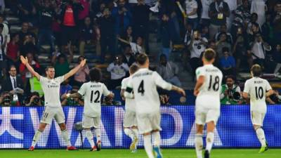 Gareth Bale celebra el tercer gol de Real Madrid en la semifinal dle Mundial de Clubes.