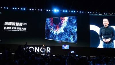 George Zhao, President of HONOR, a branch of Huawei, unveiled HONOR Vision Series, the worlds first smart screen equipped with HarmonyOS during the Huawei developer conference at the Huawei Campus in Dongguan, Guangdong province on August 10, 2019. (Photo by FRED DUFOUR / AFP)