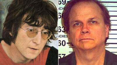 El cantante John Lennon y su asesino Mark Chapman.
