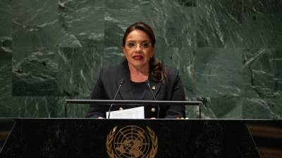 La Presidenta de Honduras, Iris Xiomara Castro Sarmiento, habla durante el 78º período de sesiones de la Asamblea General de las Naciones Unidas en la Sede de las Naciones Unidas en Nueva York, Nueva York, EE.UU., 20 de septiembre de 2023.