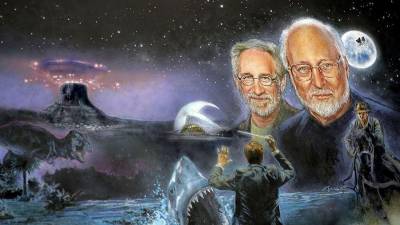 Fotografía de archivo de un mural con retratos del compositor John Williams y el director de cine Steven Spielberg y referencias a las películas en las que han trabajado juntos, entre esas ‘Tiburón’.