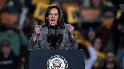 La vicepresidenta estadounidense y candidata presidencial demócrata, Kamala Harris, se dirige a la multitud en su mitin de campaña en Burns Park en Ann Arbor, Michigan, EE.UU., el 28 de octubre de 2024.