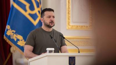 El presidente de Ucrania, Volodimir Zelenski, es una conferencia de prensa.