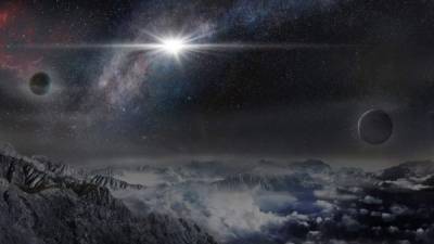 Concepción artística de la posible apariencia de la supernova vista desde un hipotético exoplaneta ubicado a 10 mil años luz de la explosión dentro de la misma galaxia.