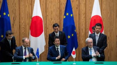 Tokio y Bruselas escenificaron su unidad en un momento de tensiones comerciales con Washington.