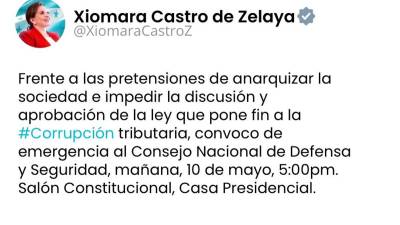 Twit que escribió la presidenta de Honduras, Xiomara Castro.