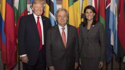 El mandatario estadounidense sostuvo ayer su primer encuentro en la ONU con el secretario general António Guterres y la embajadora de EUA, Nikki Haley.