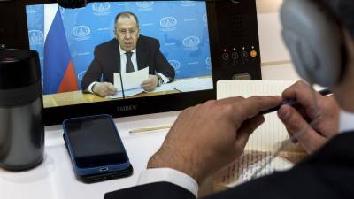 Declaración grabada del ministro de Exteriores ruso, Sergei Lavrov, emitida el martes en la Conferencia de Desarme que se celebra en Ginebra. EFE/EPA/SALVATORE DI NOLFI / POOL
