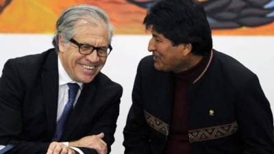 Luis Almagro en amena conversación con el presidente Evo Morales en La Paz.