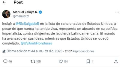 Publicación del expresidente de Honduras Manuel Zelaya.