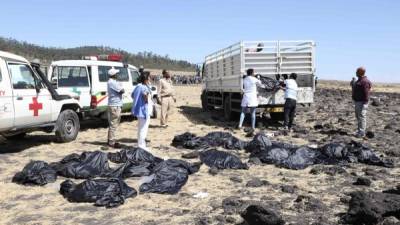 El equipo de rescate pasa por las bolsas recogidas en bolsas en el lugar del accidente de Ethiopia Airlines cerca de Bishoftu. AFP