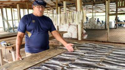 Un hombre muestra pescado el 12 de noviembre 2021 en Kaukira (Honduras).