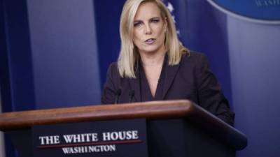 US Homeland Security Secretary Kirstjen Nielsen speaks during a joint press conference with authorities from Guatemala, El Salvador, Honduras and Mexico, in Guatemala City on July 10, 2018. Nielsen arrived in the Guatemala to discuss the migration crisis unleashed by Washington's 'zero tolerance' practice with authorities of Mexico and countries of the North Triangle of Central America. The US policy saw more than 2,300 children split up from their families and their parents prosecuted for illegally crossing the border, even if they did so to seek asylum. / AFP PHOTO / Johan ORDONEZ
