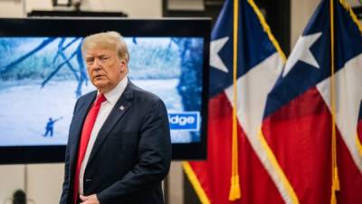 WESLACO, TEXAS - JUNE 30: Former President Donald Trump arrives at a border security briefing to discuss further plans in securing the southern border wall on June 30, 2021 in Weslaco, Texas. Gov. Greg Abbott has pledged to build a state-funded border wall between Texas and Mexico as a surge of mostly Central American immigrants crossing into the United States has challenged U.S. immigration agencies. So far in 2021, U.S. Border Patrol agents have apprehended more than 900,000 immigrants crossing into the United States on the southern border. Brandon Bell/Getty Images/AFP (Photo by Brandon Bell / GETTY IMAGES NORTH AMERICA / Getty Images via AFP)