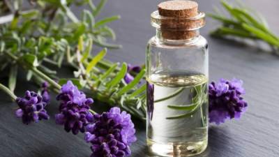 A bottle of lavender essential oil with fresh lavender twigs on a dark background