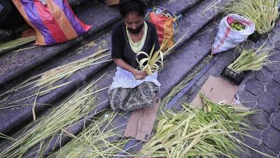 Una campesina fue registrada este viernes al tejer ramos de palma, previo al Domingo de Ramos que da inicio a las festividades de Semana Santa, en Tegucigalpa .