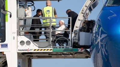 Pope Francis is lifted aboard the airplane that will take him to Canada for his apostolic journey, at Leonardo Da Vinci Airport, Fiumicino.