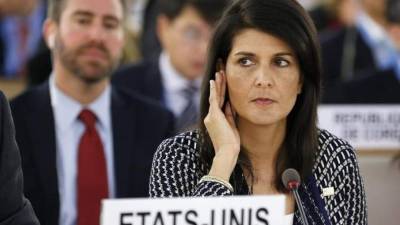 La embajadora de EEUU ante la ONU, Nikki Haley, durante la 35 sesión del Consejo de Derechos Humanos de Naciones Unidas en Ginebra, hoy, 6 de junio. EFE
