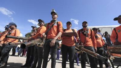 Empleados de la Secretaría de Estado en los Despachos de Gestión de Riesgos y Contingencias Nacionales de Honduras (COPECO), participan en la campaña contra el dengue este viernes en Tegucigalpa.